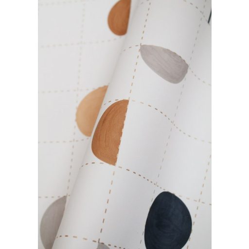 Körök és félkörök vonalak közé rendezve harmonikus geometrikus minta fehér éjkék bézs narancs arany fémes hatás tapéta