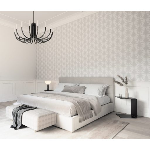 Finoman kidolgozott klasszikus barokk díszítőminta fehér szürke és ezüst tónus tapéta