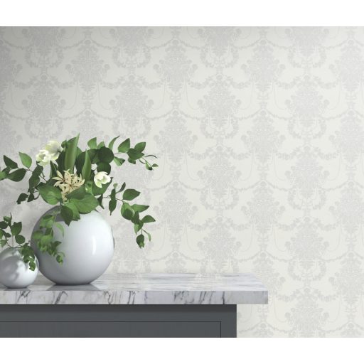 Finoman kidolgozott klasszikus barokk díszítőminta fehér szürke és ezüst tónus tapéta