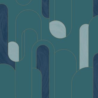   Kifinomult grafikus retrominta a 30-as évekből hosszanti elrendezés kék tónusok petrol arany fémes hatás tapéta