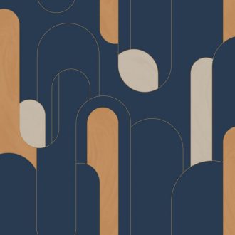   Kifinomult grafikus retrominta a 30-as évekből hosszanti elrendezés éjkék bézs narancs arany fémes hatás tapéta