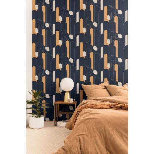 Kifinomult grafikus retrominta a 30-as évekből hosszanti elrendezés éjkék bézs narancs arany fémes hatás tapéta