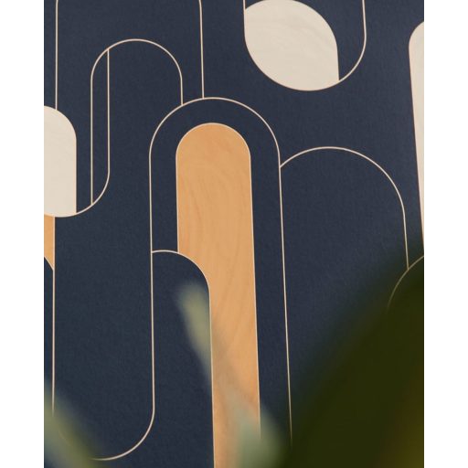 Kifinomult grafikus retrominta a 30-as évekből hosszanti elrendezés éjkék bézs narancs arany fémes hatás tapéta