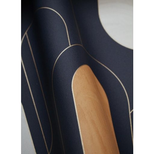 Kifinomult grafikus retrominta a 30-as évekből hosszanti elrendezés éjkék bézs narancs arany fémes hatás tapéta