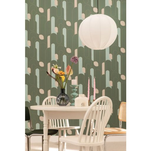 Kifinomult grafikus retrominta a 30-as évekből hosszanti elrendezés khakizöld világoskék bézs arany fémes hatás tapéta