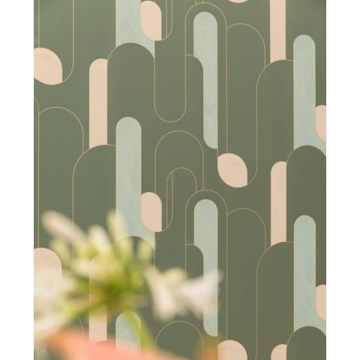 Kifinomult grafikus retrominta a 30-as évekből hosszanti elrendezés khakizöld világoskék bézs arany fémes hatás tapéta