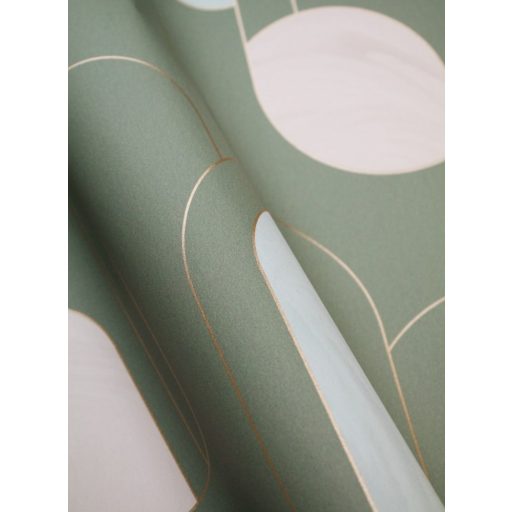 Kifinomult grafikus retrominta a 30-as évekből hosszanti elrendezés khakizöld világoskék bézs arany fémes hatás tapéta