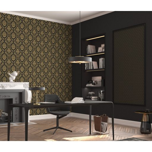 Klasszikus damaszt hatású barokk díszítőminta fekete és arany tónus tapéta