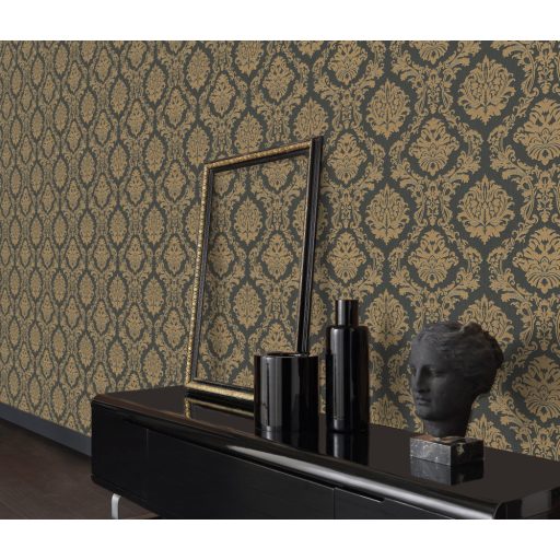 Klasszikus damaszt hatású barokk díszítőminta fekete és arany tónus tapéta
