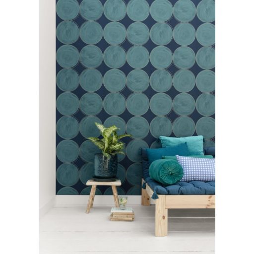 Stílusos nagyívű "kézzel festett" körminta éjkék petrol arany fémes hatás tapéta