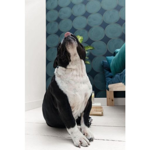 Stílusos nagyívű "kézzel festett" körminta éjkék petrol arany fémes hatás tapéta