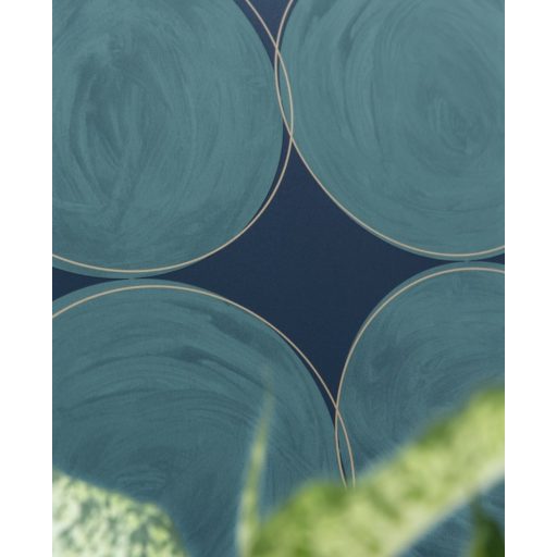 Stílusos nagyívű "kézzel festett" körminta éjkék petrol arany fémes hatás tapéta