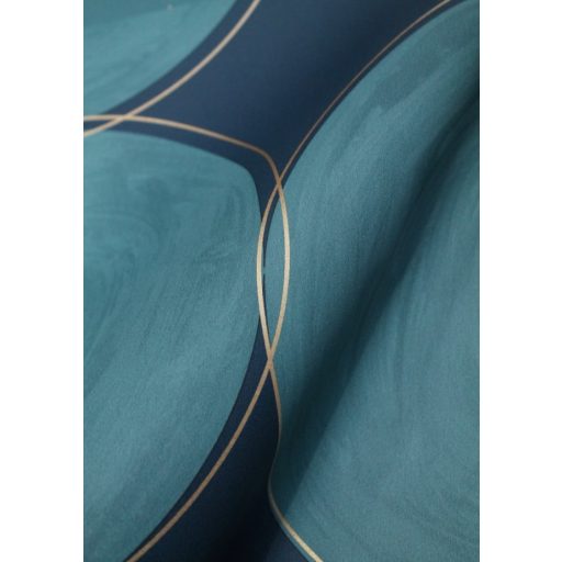 Stílusos nagyívű "kézzel festett" körminta éjkék petrol arany fémes hatás tapéta