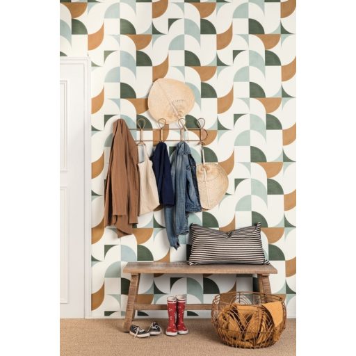 Lekerekített sarkok "kézzel festett" grafikus retrominta fehér menta és khakizöld teveszőrbarna tapéta