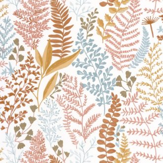   Caselio La Foret 102924366 WOODLAND Natur Botanikus realisztikus növényi (levelek) ábrázolás fehér korallszín okkersárga kék tapéta