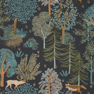   Caselio La Foret 102937940 BALLAD Natur Botanikus Erdei séta szarvasokkal rókákkal fekete khakizöld szines tapéta