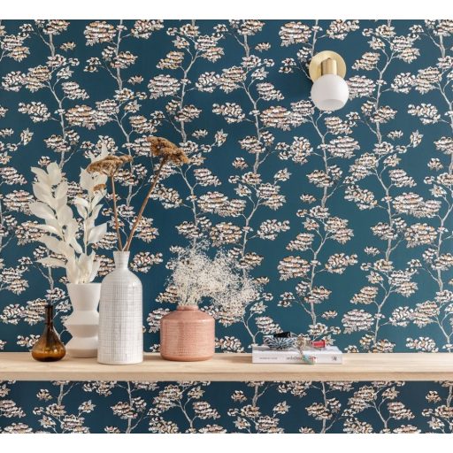 Finom költői cseresznyevirágok a Felkelő Nap országából petrolkék fekete fehér rosé tapéta