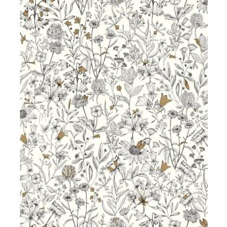   Meghívó egy francia kertbe egyedi festői virág és levélmotívum fehér fekete arany tapéta