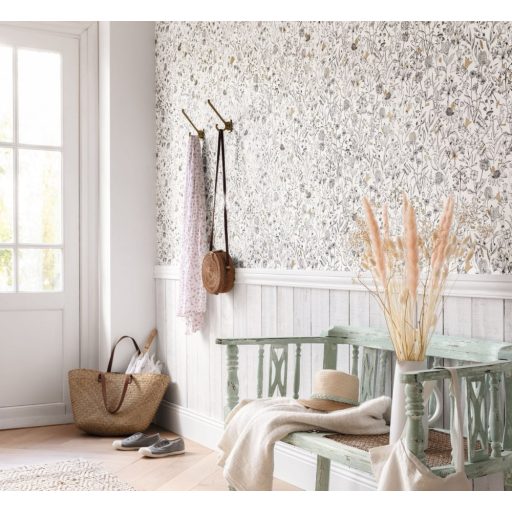 Meghívó egy francia kertbe egyedi festői virág és levélmotívum fehér fekete arany tapéta