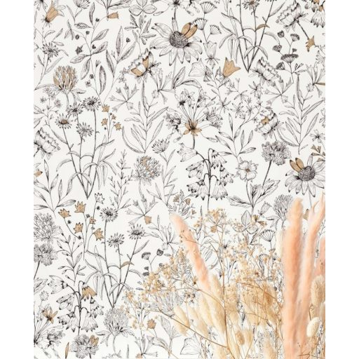 Meghívó egy francia kertbe egyedi festői virág és levélmotívum fehér fekete arany tapéta