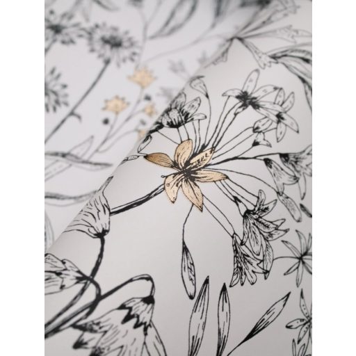 Meghívó egy francia kertbe egyedi festői virág és levélmotívum fehér fekete arany tapéta