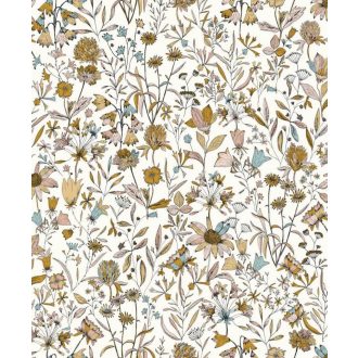   Herbárium! Mezei vadvirágok és pitypangok botanikai mintája krémfehér türkiz mustársárga rózsaszín és fekete tónus tapéta