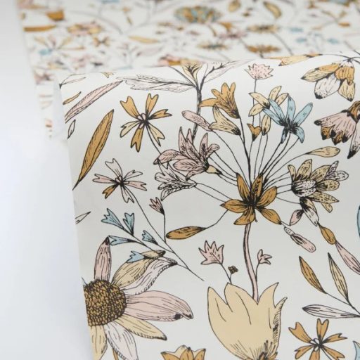 Herbárium! Mezei vadvirágok és pitypangok botanikai mintája krémfehér türkiz mustársárga rózsaszín és fekete tónus tapéta