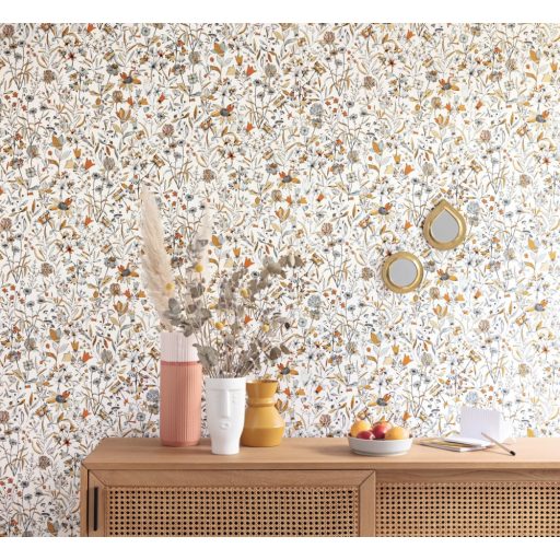 Meghívó egy francia kertbe egyedi festői virág és levélmotívum fehér fekete narancs arany tapéta