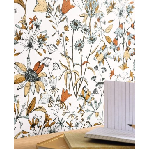 Meghívó egy francia kertbe egyedi festői virág és levélmotívum fehér fekete narancs arany tapéta