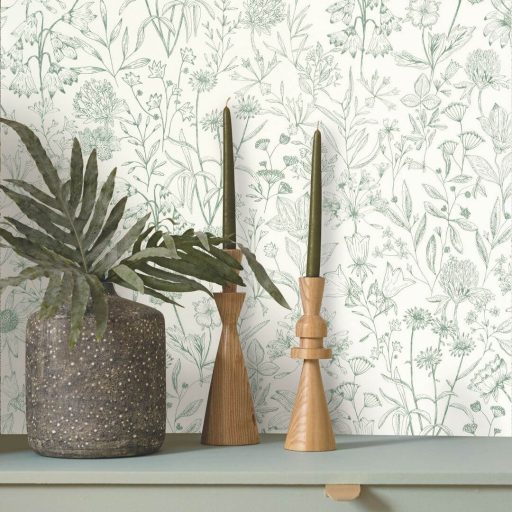 Herbárium! Mezei vadvirágok és pitypangok botanikai mintája tejfehér és világoszöld/menta tónus tapéta