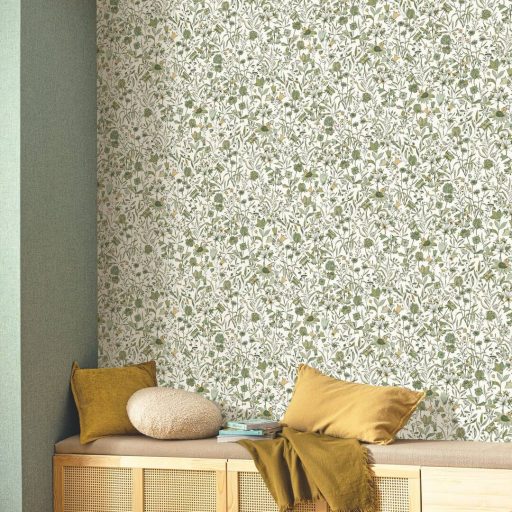 Herbárium! Mezei vadvirágok és pitypangok botanikai mintája tejfehér zöld sárga és fekete tónus tapéta