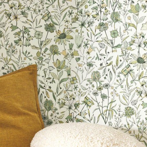 Herbárium! Mezei vadvirágok és pitypangok botanikai mintája tejfehér zöld sárga és fekete tónus tapéta