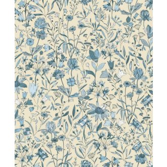   Herbárium! Mezei vadvirágok és pitypangok botanikai mintája fehér égszínkék és porcelánkék tónus tapéta