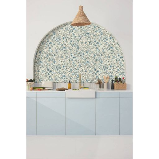 Herbárium! Mezei vadvirágok és pitypangok botanikai mintája fehér égszínkék és porcelánkék tónus tapéta