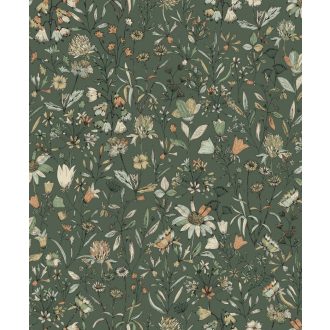   Herbárium! Mezei vadvirágok és pitypangok botanikai mintája angolzöld pasztellsárga krém halvány narancs és friss zöld tónus tapéta