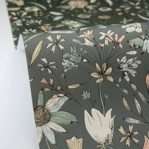 Herbárium! Mezei vadvirágok és pitypangok botanikai mintája angolzöld pasztellsárga krém halvány narancs és friss zöld tónus tapéta