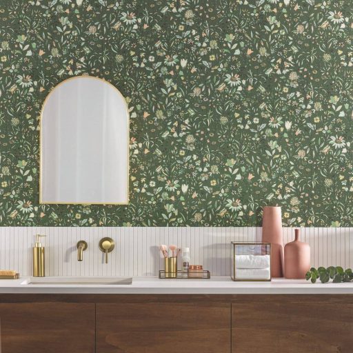 Herbárium! Mezei vadvirágok és pitypangok botanikai mintája angolzöld pasztellsárga krém halvány narancs és friss zöld tónus tapéta