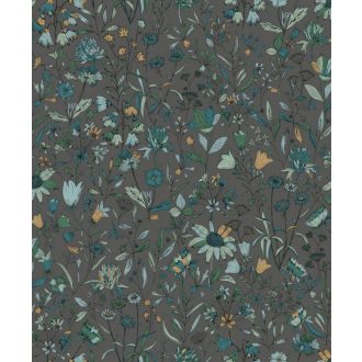   Meghívó egy francia kertbe egyedi festői virág és levélmotívum karbonszürke kék zöld arany tapéta