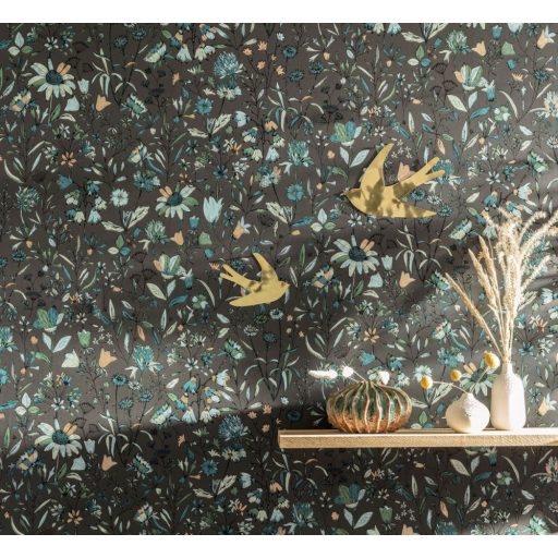 Meghívó egy francia kertbe egyedi festői virág és levélmotívum karbonszürke kék zöld arany tapéta