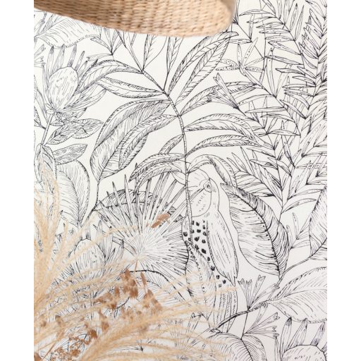 Egzotikus kert - tukánokat rejtő buja trópusi növényzet minimalista fehér fekete tapéta