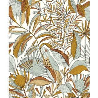   Egzotikus kert - tukánokat rejtő buja trópusi növényzet fehér narancs vízkék fekete tapéta