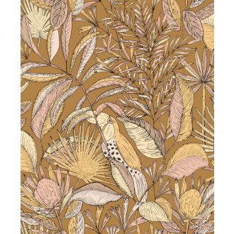   Egzotikus kert - tukánokat rejtő buja trópusi növényzet okkersárga rózsaszín fekete tapéta