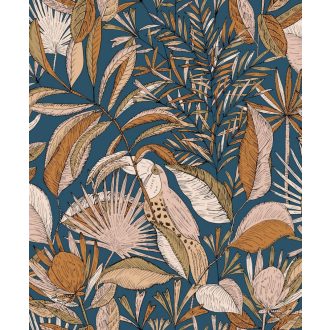   Egzotikus kert - tukánokat rejtő buja trópusi növényzet éjkék rózsaszín aranybarna  fekete tapéta