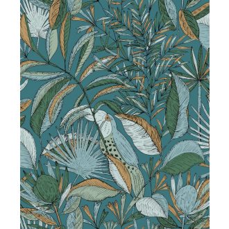   Egzotikus kert - tukánokat rejtő buja trópusi növényzet kék fehér barna fekete tapéta