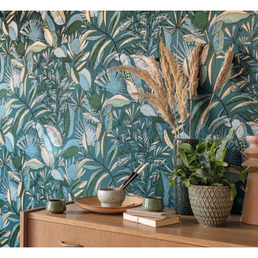 Egzotikus kert - tukánokat rejtő buja trópusi növényzet kék fehér barna fekete tapéta