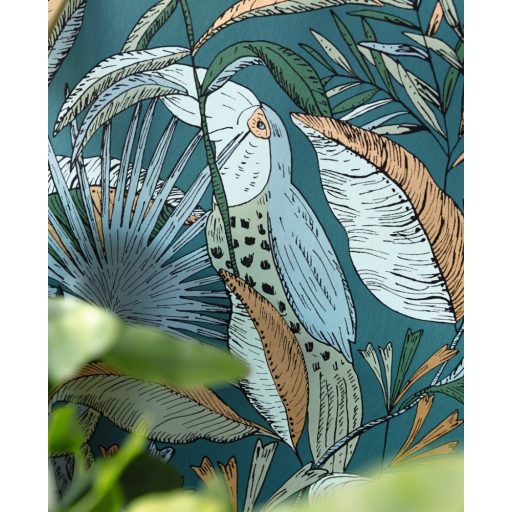 Egzotikus kert - tukánokat rejtő buja trópusi növényzet kék fehér barna fekete tapéta