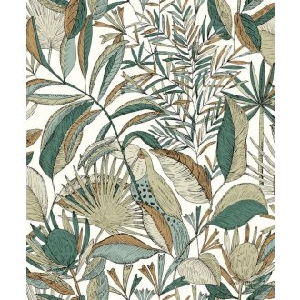   Egzotikus kert - tukánokat rejtő buja trópusi növényzet fehér zöld fekete bézs tapéta