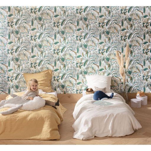 Egzotikus kert - tukánokat rejtő buja trópusi növényzet fehér zöld fekete bézs tapéta