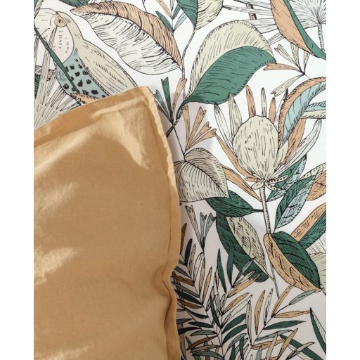 Egzotikus kert - tukánokat rejtő buja trópusi növényzet fehér zöld fekete bézs tapéta