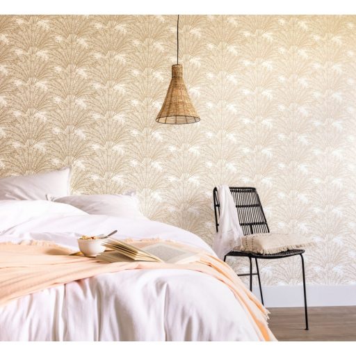 Ünnepi hangulatú Alhambrai kert stilizált pálmák fehér arany fémes hatás tapéta